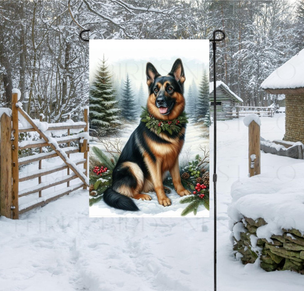 A black and tan German Sheherd dog in a Winter setting with a festive collar on.