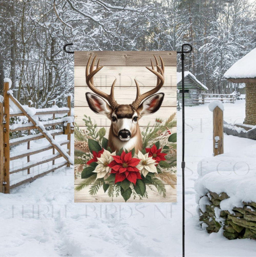 A beautiful Garden Flag with a Mule Deer Buck surrounded by poinsettias.