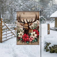 
              A beautiful Garden Flag with an Elk surrounded by poinsettias
            