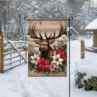 A beautiful Garden Flag with an Elk surrounded by poinsettias