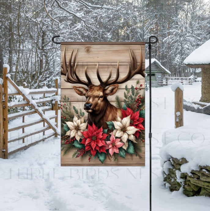 A beautiful Garden Flag with an Elk surrounded by poinsettias