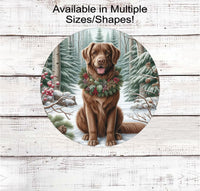 
              A beautiful Chesapeake Bay Retriever dog in a festive collar in a winter woodland setting
            