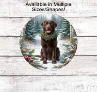 
              A beautiful chocolate Labrador Retriever dog in a festive collar in a winter woodland setting
            