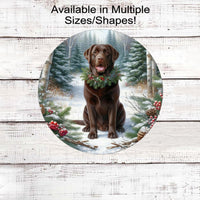 A beautiful chocolate Labrador Retriever dog in a festive collar in a winter woodland setting