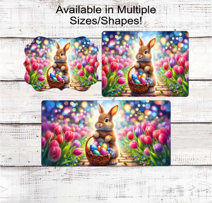 Easter Bunny Wreath Sign - Spring Flowers - Colorful Easter Eggs - Tulips