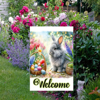 A beautiful Easter Bunny with a basket of Eggs surrounded by bright Spring flowers.