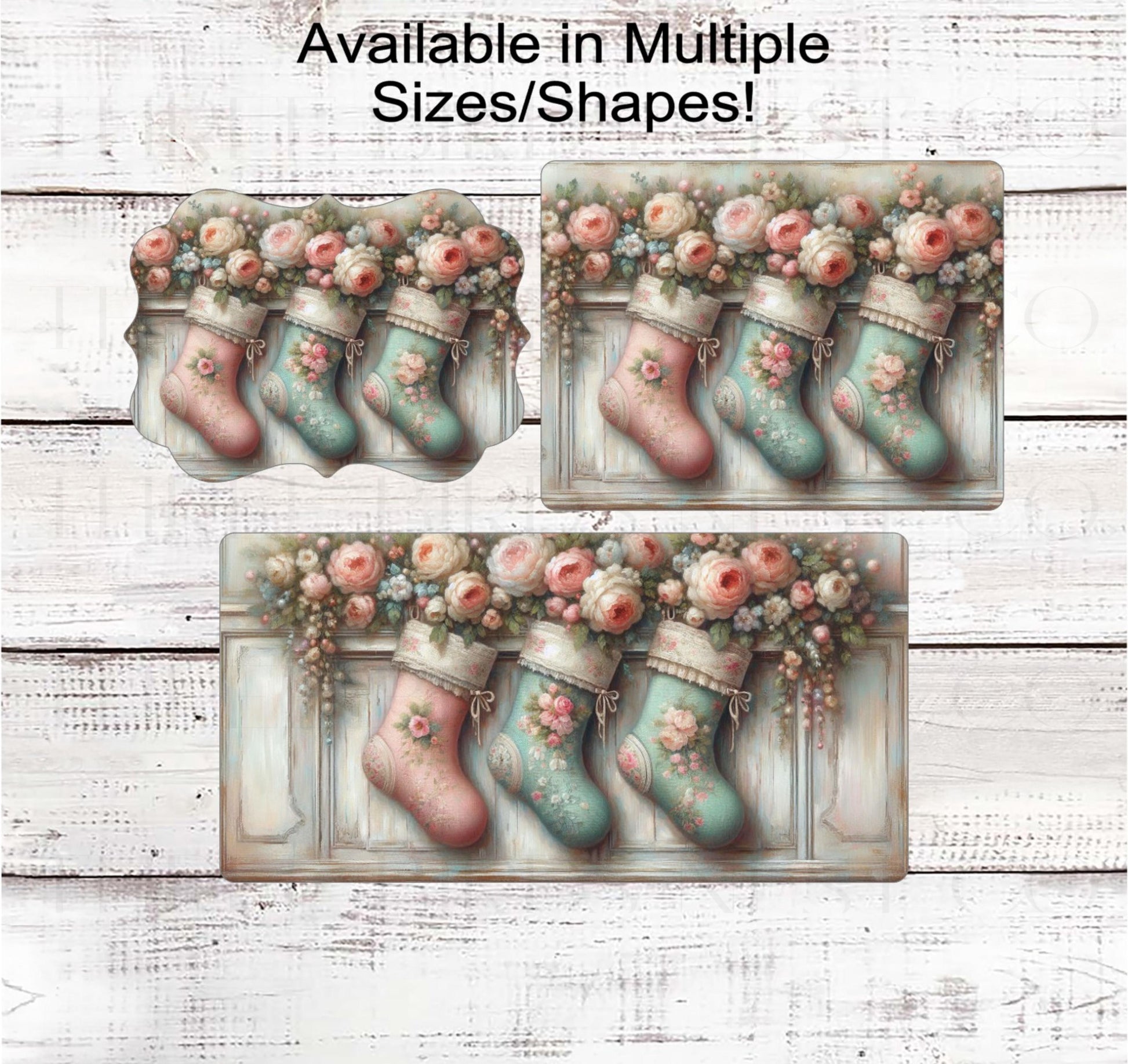Christmas Wreath Signs - Pastel Stockings - Floral Decor - Roses and Peonies - Shabby Chic