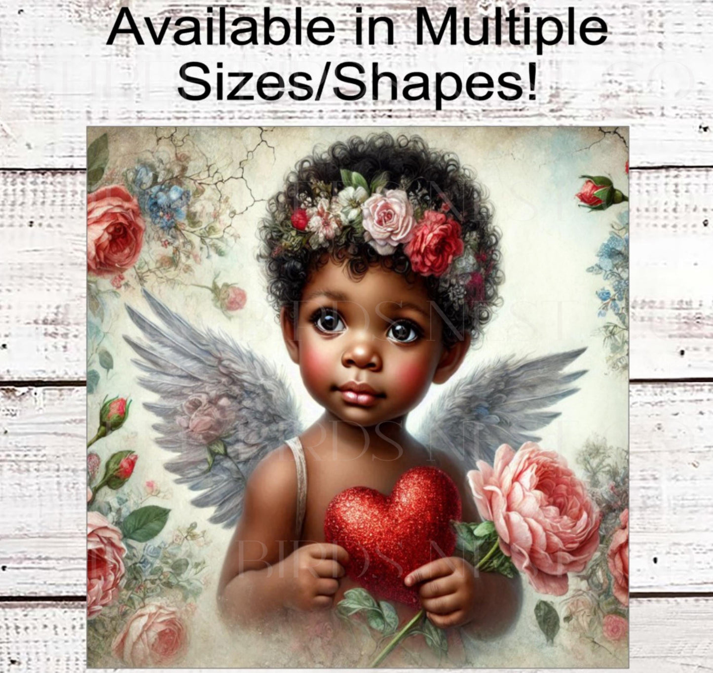 Valentines Day Sign - African American Cupid Cherub - Floral Sign - Love Wreath Sign
