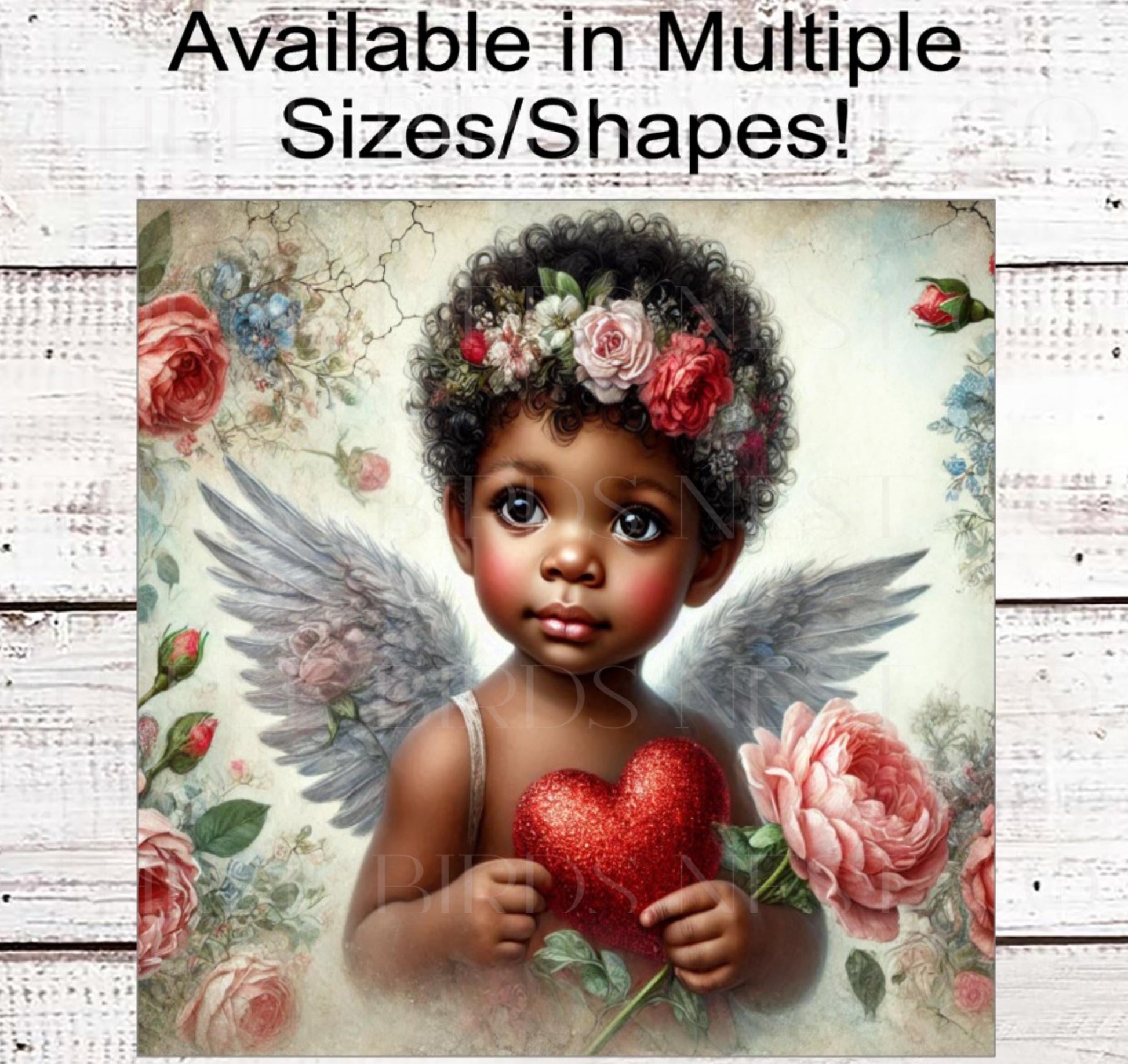 Valentines Day Sign - African American Cupid Cherub - Floral Sign - Love Wreath Sign