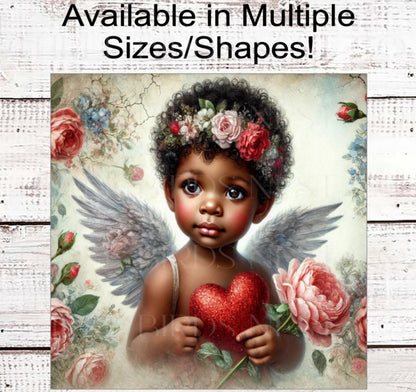 Valentines Day Sign - African American Cupid Cherub - Floral Sign - Love Wreath Sign