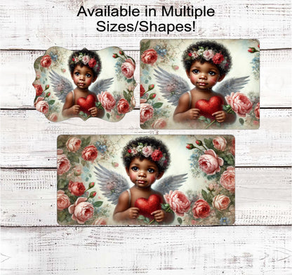 Valentines Day Sign - African American Cupid Cherub - Floral Sign - Love Wreath Sign