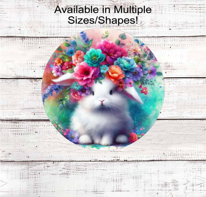 A beautiful fluffy white Bunny Rabbit surrounded by bright Spring flowers.