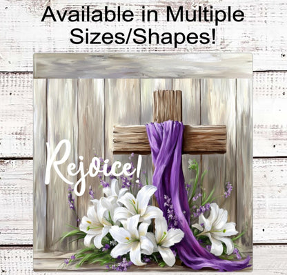 Easter Wreath Sign, Religious Cross, Rejoice, Purple Decor, Lily Flowers, Farmhouse Easter