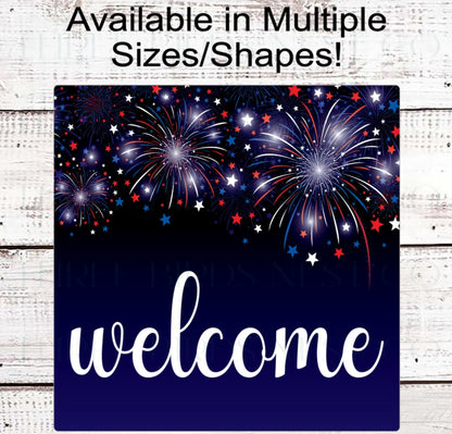 Patriotic Welcome Wreath Sign, 4th of July Decor, Fireworks, America the Beautiful