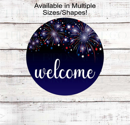 Patriotic Welcome Wreath Sign, 4th of July Decor, Fireworks, America the Beautiful