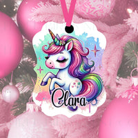 An adorable rainbow Unicorn ornament, customized with your name and date.