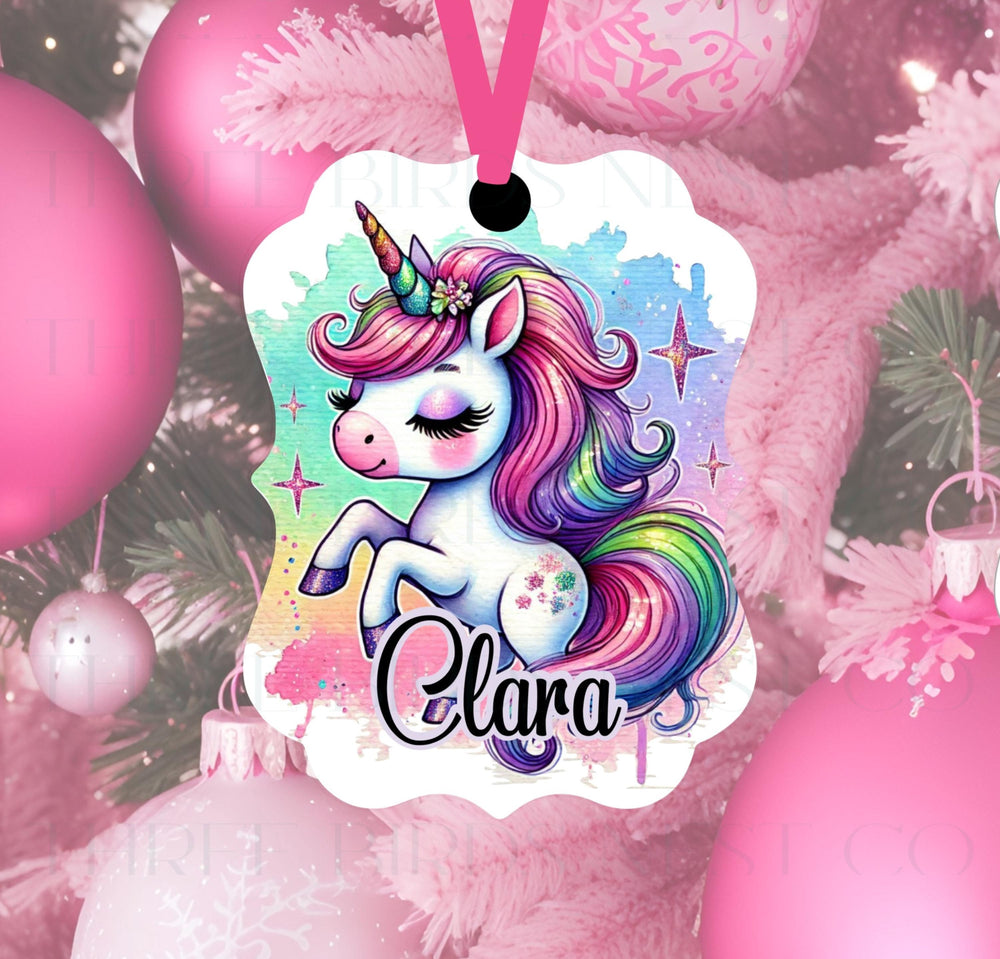 An adorable rainbow Unicorn ornament, customized with your name and date.