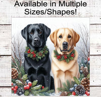 
              Christmas Dog Wreath Sign - Black Labrador Retriever Dog - Yellow Lab - Winter Welcome Sign
            