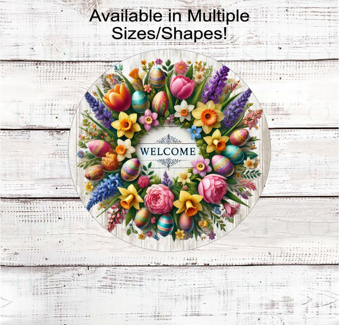 This beautiful rustic Welcome sign has a wreath of bright Spring flowers