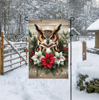 
              A beautiful and rustic Garden Flag with a Horned Owl surrounded by poinsettias.
            