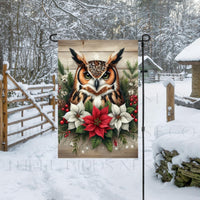 A beautiful and rustic Garden Flag with a Horned Owl surrounded by poinsettias.