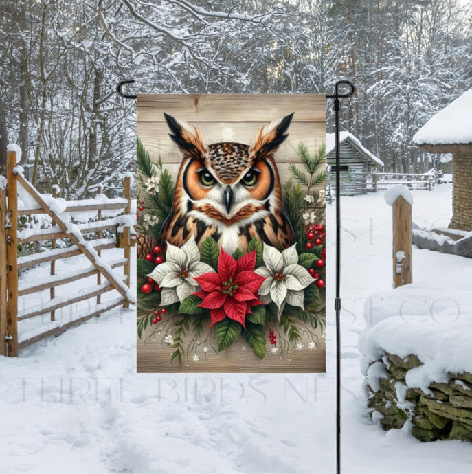 A beautiful and rustic Garden Flag with a Horned Owl surrounded by poinsettias.