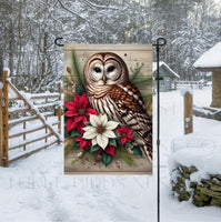 
              A beautiful and rustic Garden Flag with a Barred Owl surrounded by poinsettias.
            