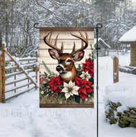 
              A beautiful Garden Flag with a Whitetail Buck Deer surrounded by poinsettias
            