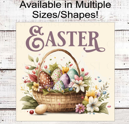 Easter Wreath Sign, Easter Bunny, Spring Floral Decor, Flower Basket, Vintage Easter Eggs
