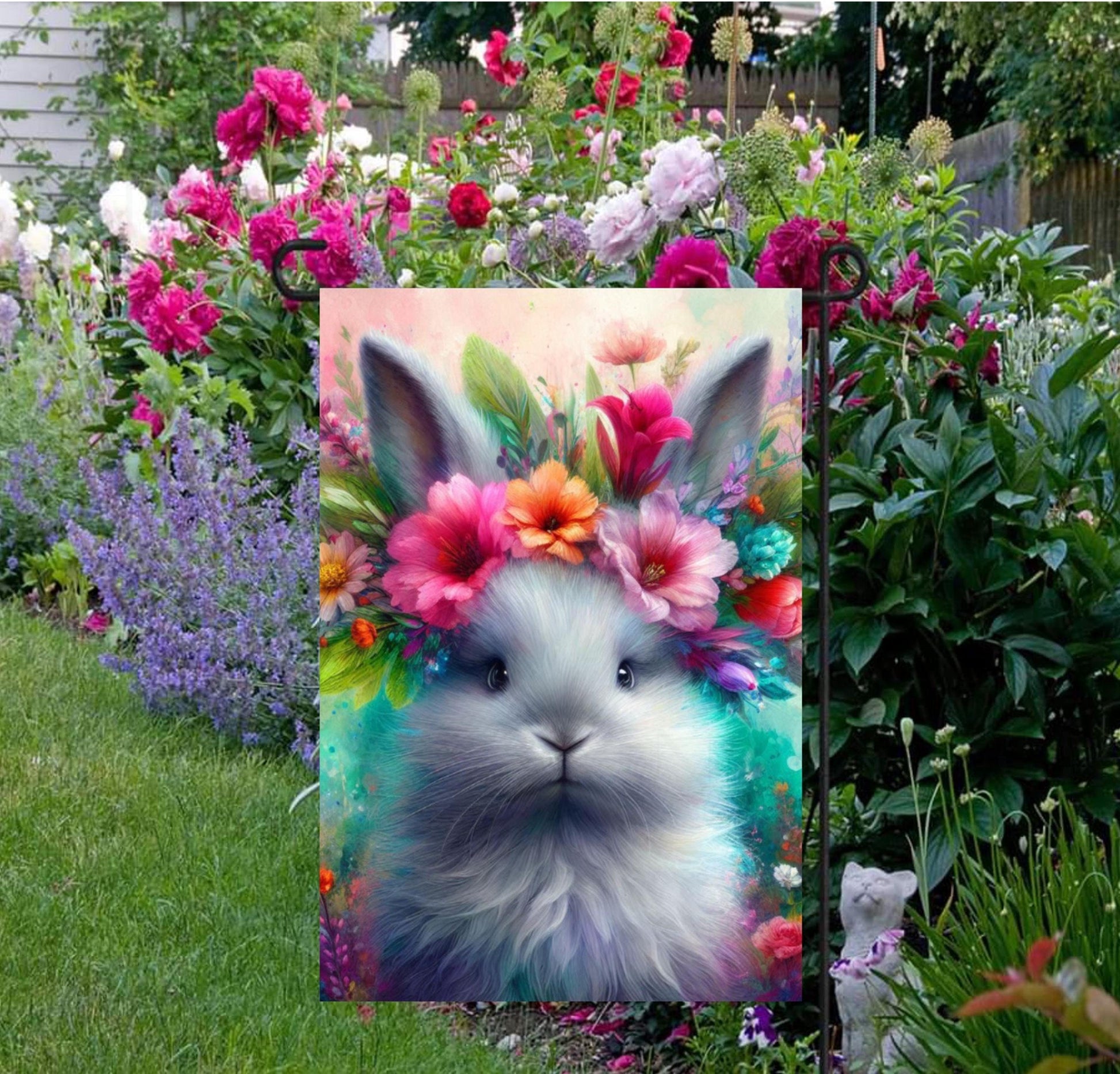 An adorable grey fluffy Easter Bunny with a beautiful bright flower crown