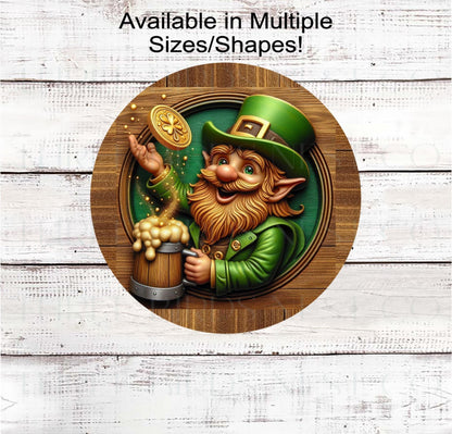 An adorable Leprechaun with his Saint Patricks Day beer and lucky gold coin.