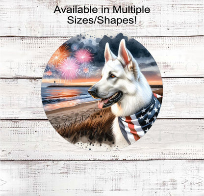 A beautiful white German Shepherd dog wearing an American Flag Bandanna on a Beach with Fireworks.