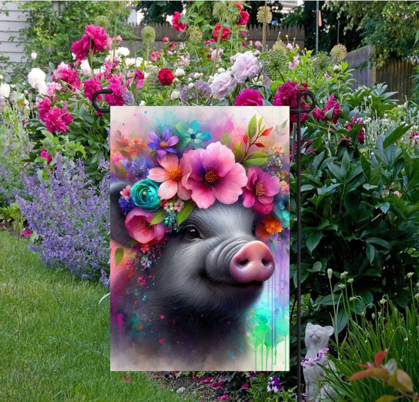 An adorable floral pig Garden Flag