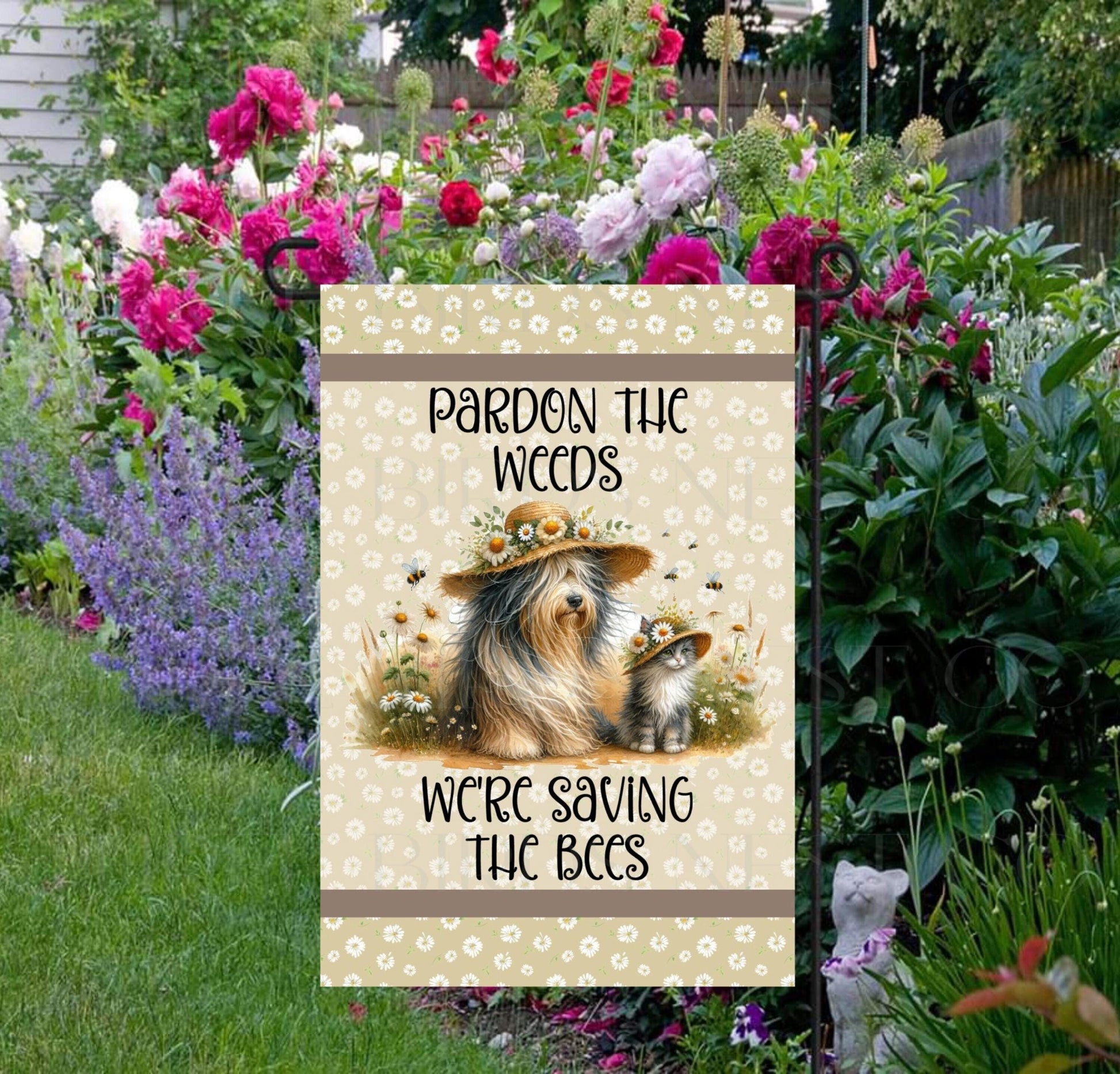 Pardon the Weeds, Were Saving the Bees Garden Flag with an adorable cat and dog with Spring flowers and weeds