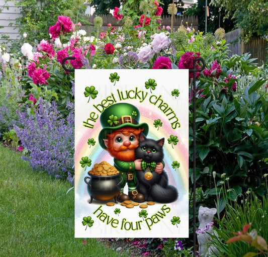 The Best Lucky Charms Have Four Paws. This Leprechaun and his black cat with a rainbow and gold paw coins.