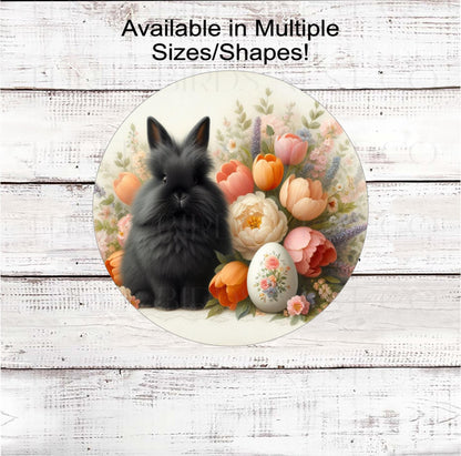 A beautiful Angora Easter Bunny Rabbit with tulips and peonies and a floral Easter Egg