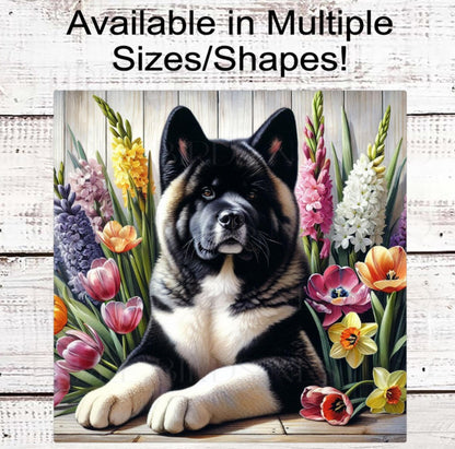 Dog Wreath Sign, Akita Dog, Spring Flowers, Floral Wreath Sign