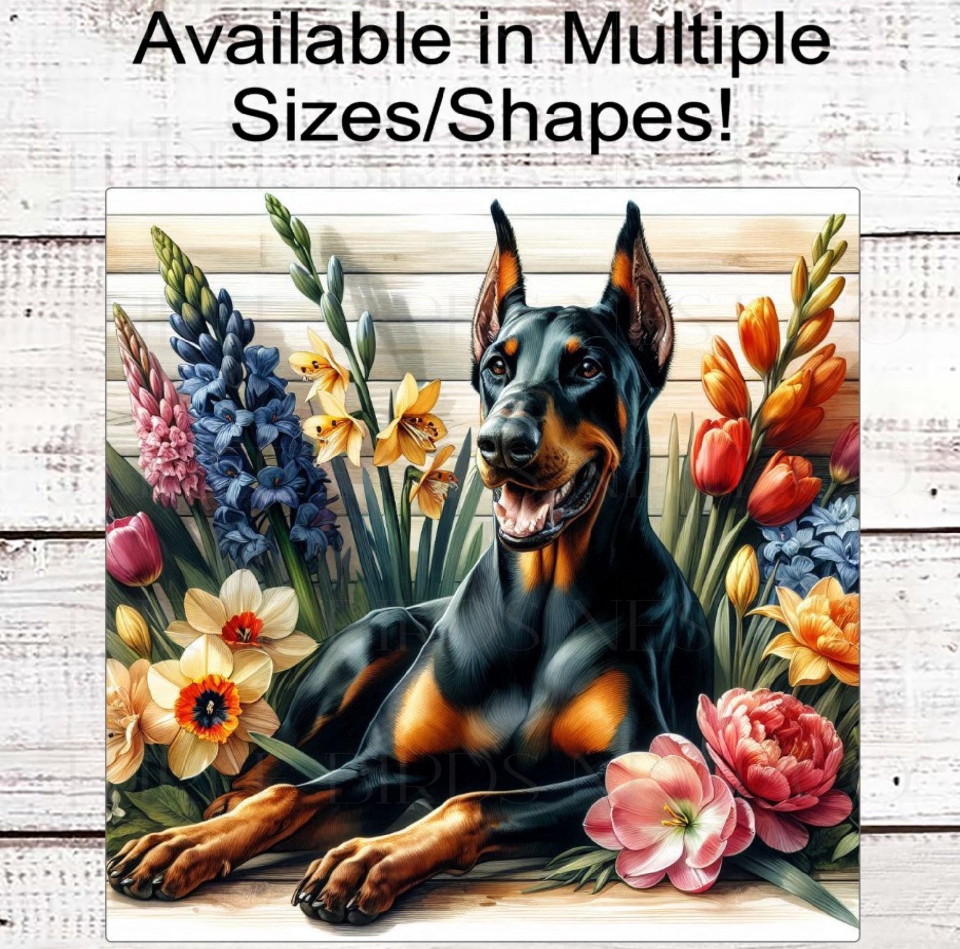 Dog Wreath Sign, Doberman Pinscher Dog, Spring Flowers, Floral Wreath Sign