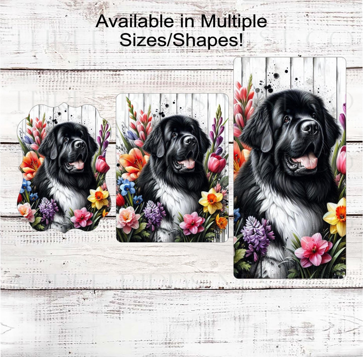 Dog Wreath Sign, Landseer Newfoundland Dog, Spring Flowers, Floral Wreath Sign