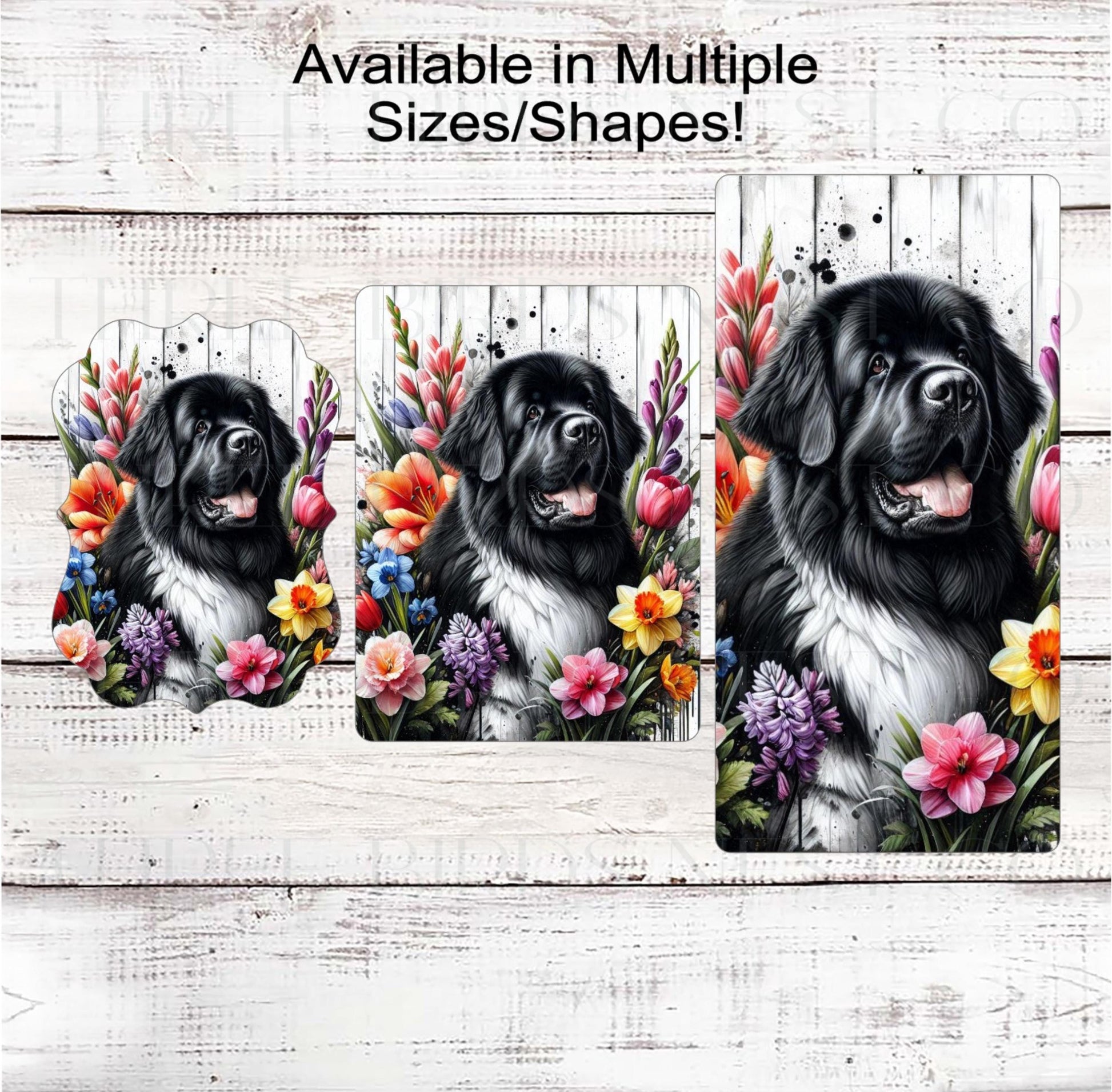 Dog Wreath Sign, Landseer Newfoundland Dog, Spring Flowers, Floral Wreath Sign