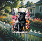 A beautiful black Pug dog surrounded by gorgeous flowers.