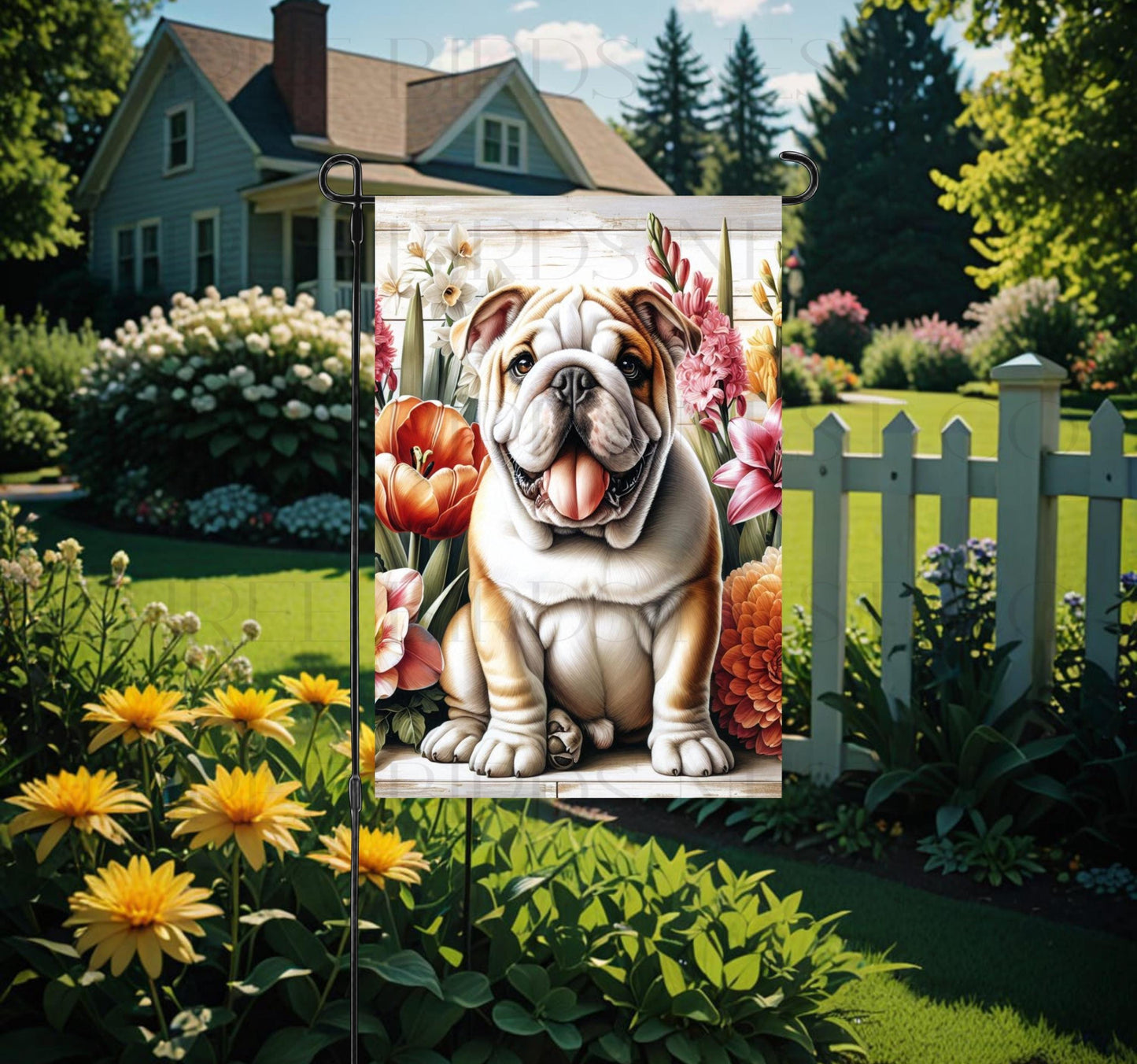 A beautiful English Bulldog dog surrounded by gorgeous flowers.