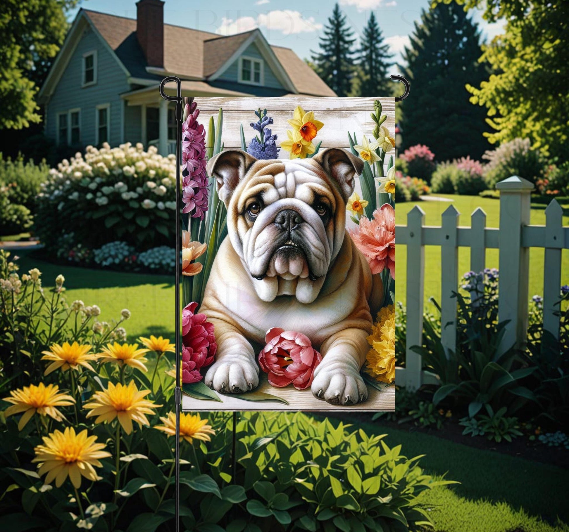 A beautiful English Bulldog dog surrounded by gorgeous flowers.