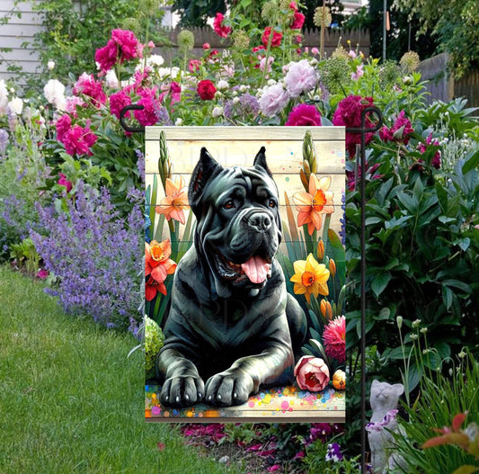 A beautiful black Cane Corso dog surrounded by gorgeous flowers.