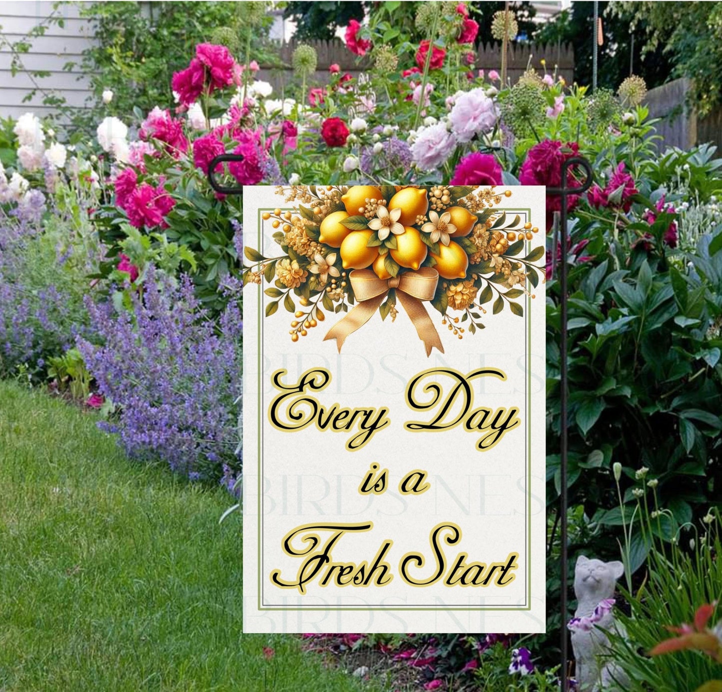 This beautiful Garden Flag has a top border of fresh lemons and flowers- Every Day is a Fresh Start