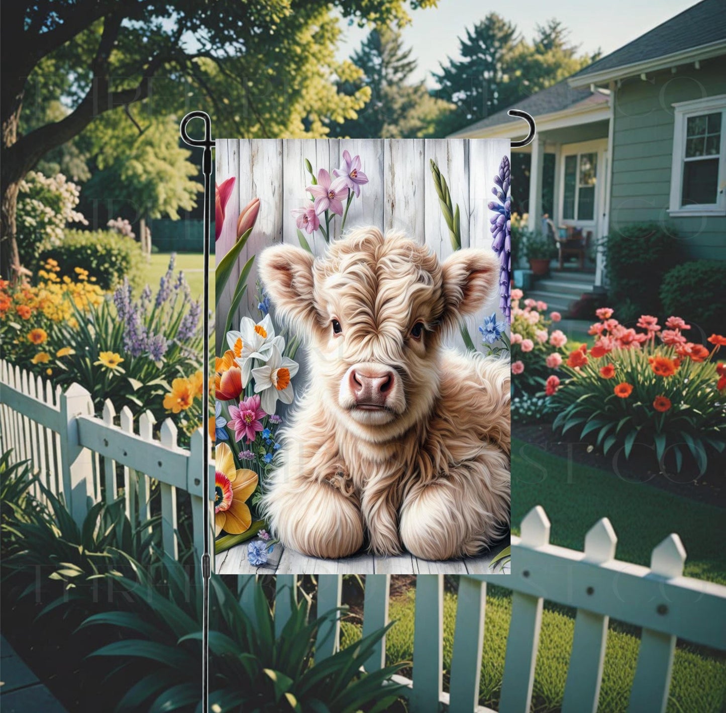 An adorable baby Higland Cow 
surrounded by Spring flowers.
