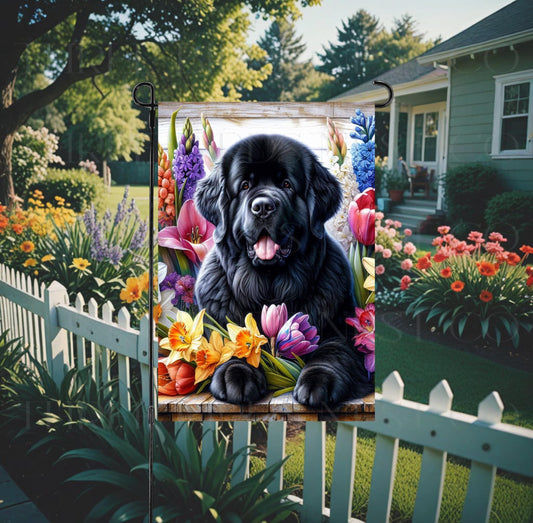 A beautiful black Newfoundland dog surrounded by gorgeous flowers.
