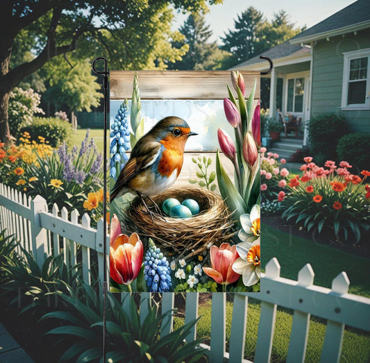 A beautiful Robin bird surrounded by gorgeous flowers.