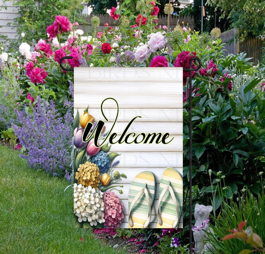 A beautiful Welcome Garden Flag with Spring Flowers and Flip Flops