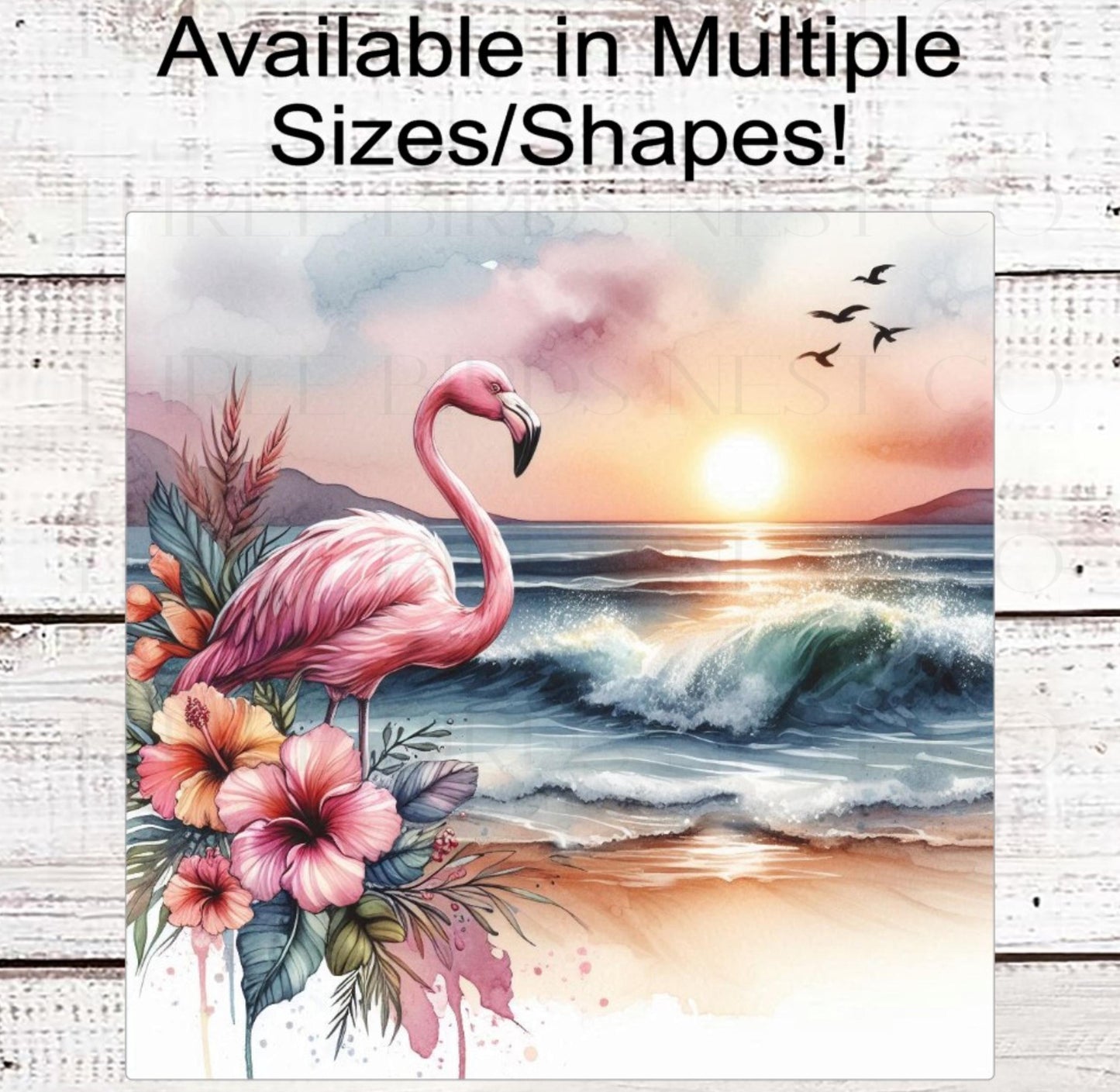Beach Flamingo Wreath Sign, Hibiscus Flowers, Ocean Waves